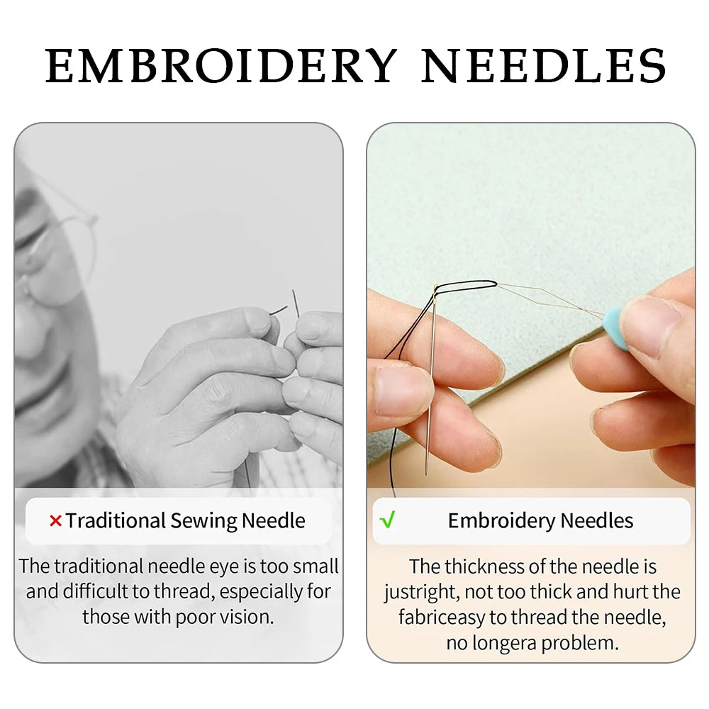 Comparison showing traditional sewing needles versus embroidery needles for easier threading.