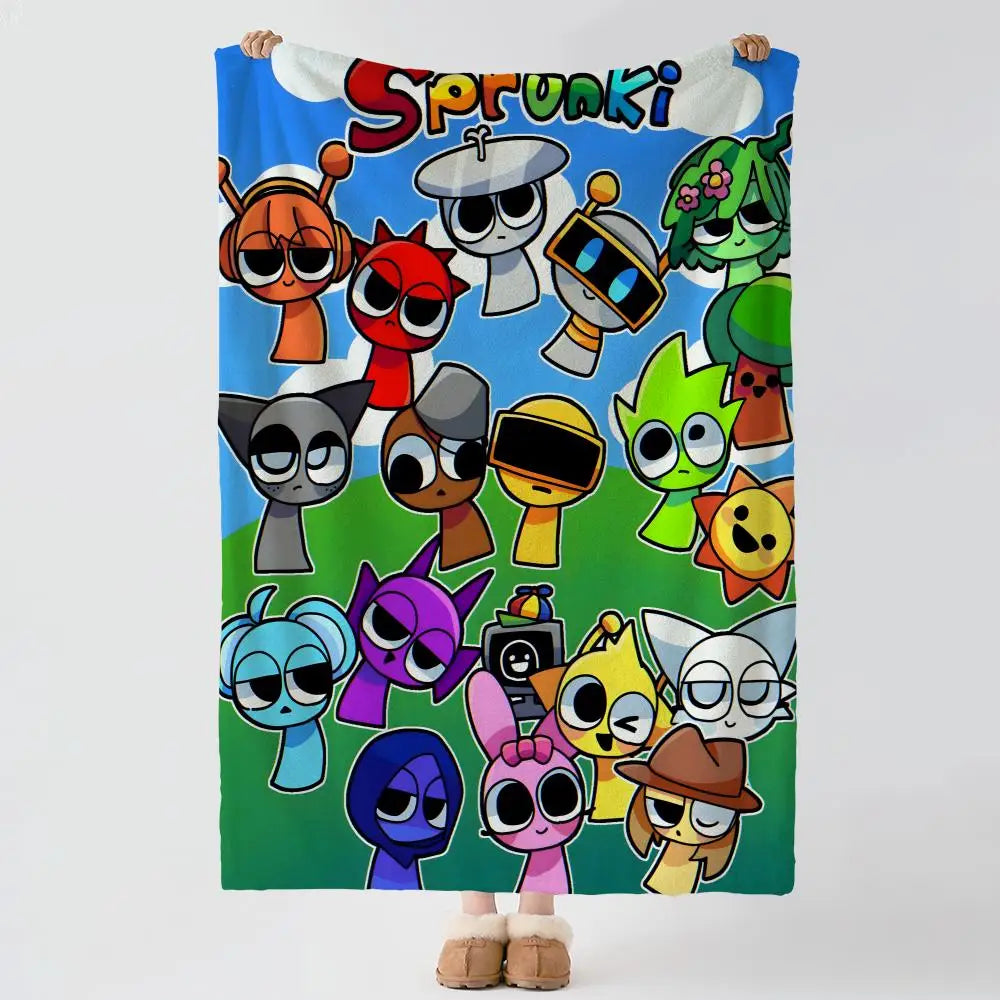 A colorful illustration of various characters in the Incredibox style on a blanket.