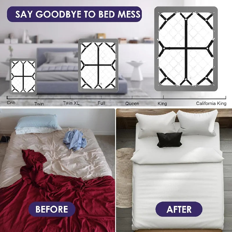 Before and after comparison showing adjustable bed sheet straps for keeping fitted sheets tightly in place