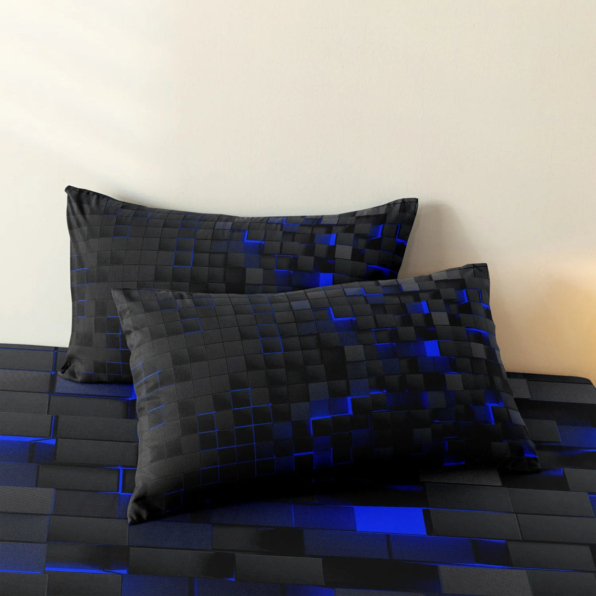 Black geometric grid print duvet cover set with glowing blue accents