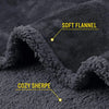 Close-up of a dark gray soft flannel fabric with cozy sherpa trim and yellow labels