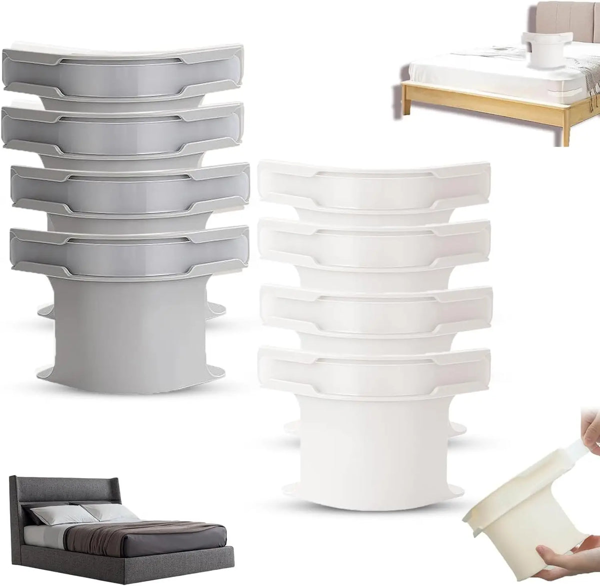 A set of white invisible bed sheet fixing clips shown in various stacked and individual forms.