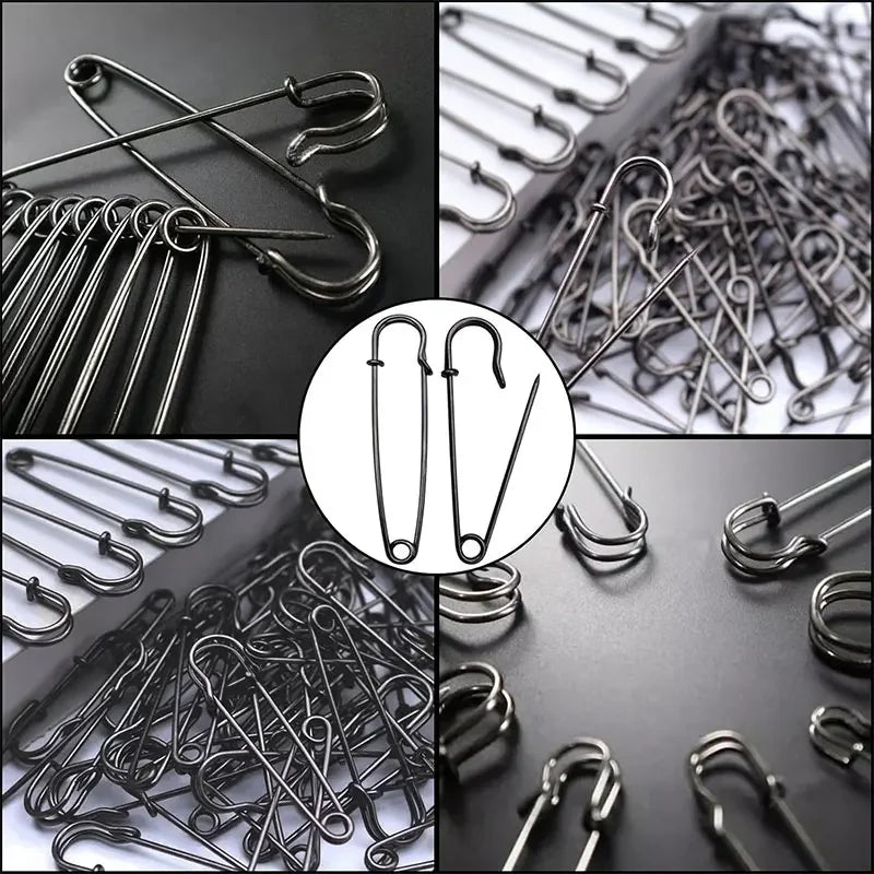 A collection of heavy duty stainless steel safety pins shown in various angles and close-ups.