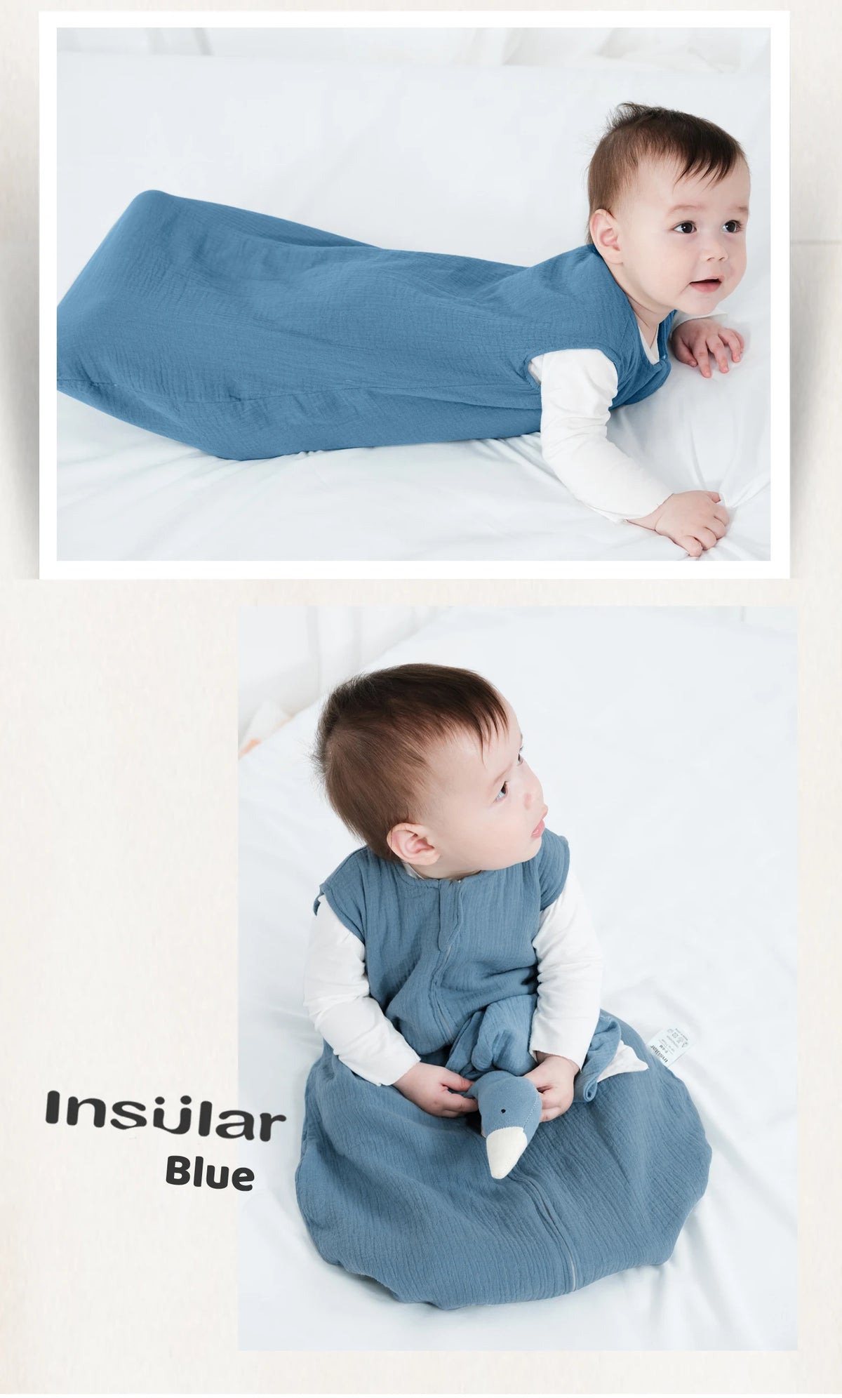 A baby wearing a blue muslin cotton sleeping bag is lying on white bedding.