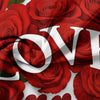 A close-up pattern of red roses and the word LOVE printed on fabric.