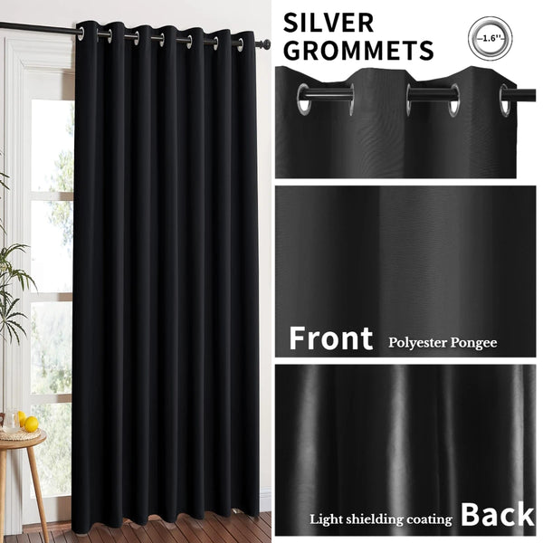 Blackout thermal curtain featuring silver grommets, polyester pongee fabric, and light shielding coating.