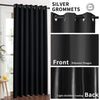 Black polyester pongee blackout curtains with silver grommets shown from the front and back.