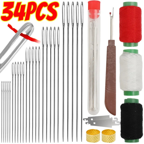 A set of 34 stainless steel big-eye sewing needles and a red thread spool.
