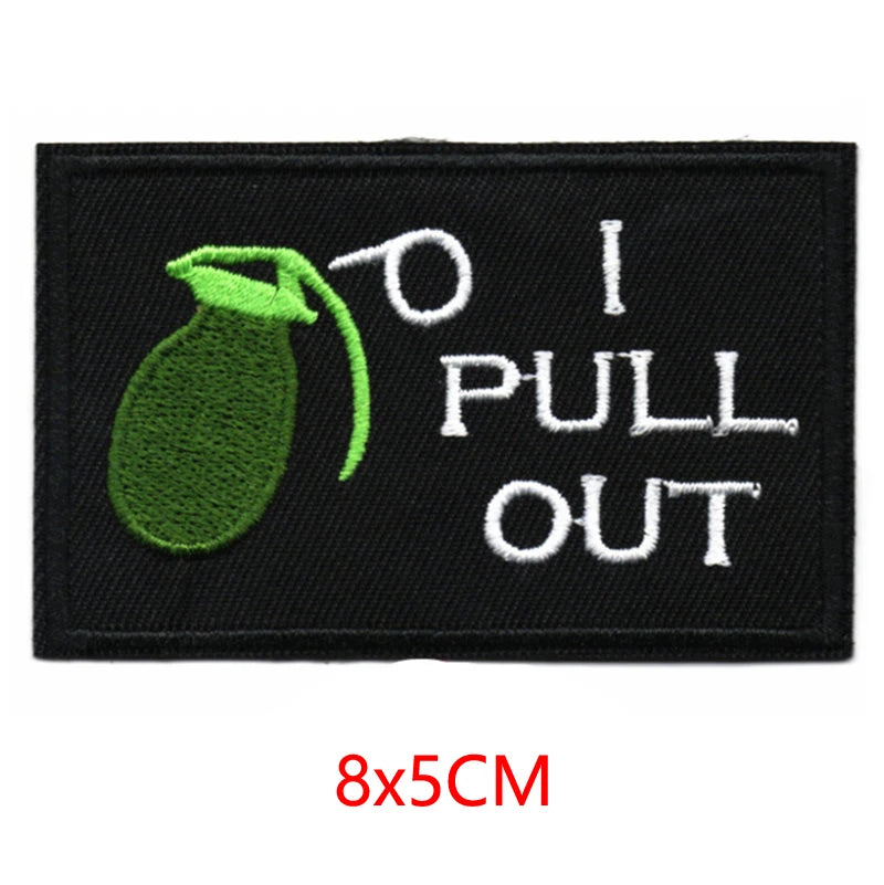Black iron-on embroidered letter patch featuring a green pepper and the text I PULL OUT