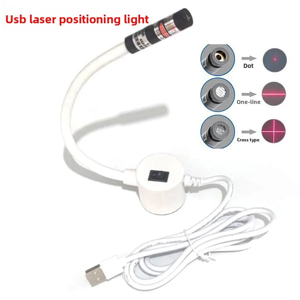 A white USB laser positioning light with a flexible cable and three types of laser dots shown.