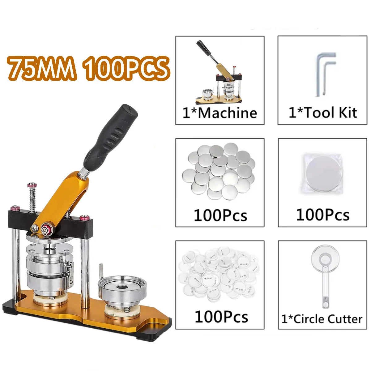 A professional button making machine kit includes a machine, tool kit, and circle cutter for making buttons.
