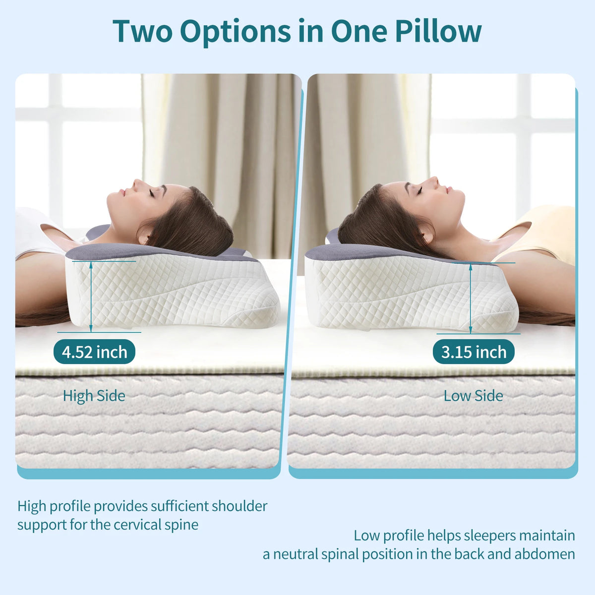 Two options for a pillow, High Side and Low Side, shown supporting the cervical spine.