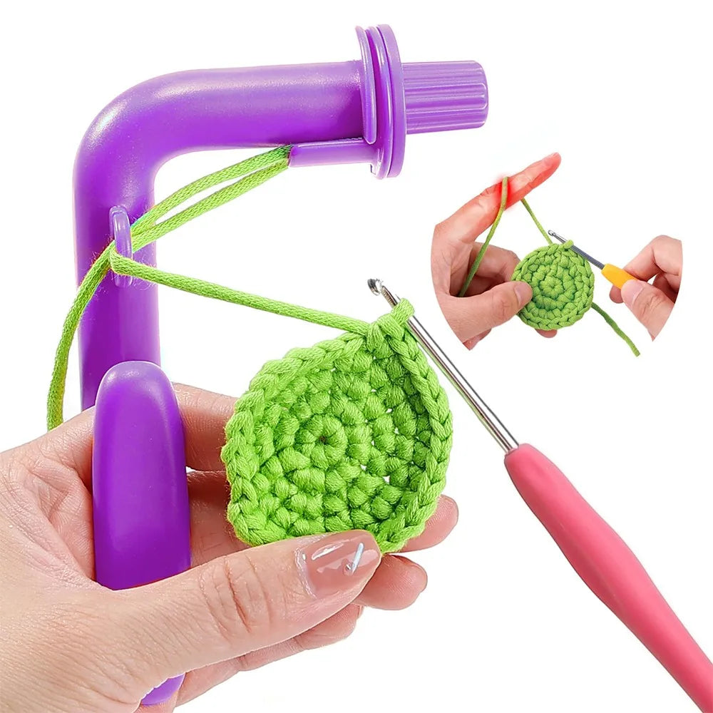 A hand holds a purple crochet tool and green yarn, demonstrating a 3-in-1 crochet tool set.