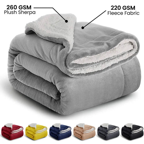 A collection of gray and colored sherpa fleece blankets shown in various folded forms.