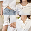 White pearl brooch jewelry set shown in various styles including a cropped top and a collared shirt