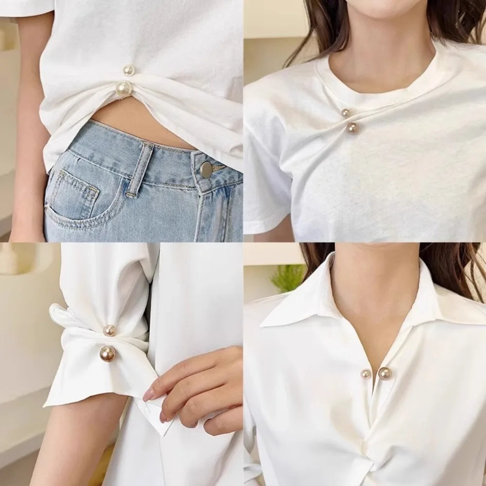 White pearl brooch jewelry set shown in various styles including a cropped top and a collared shirt