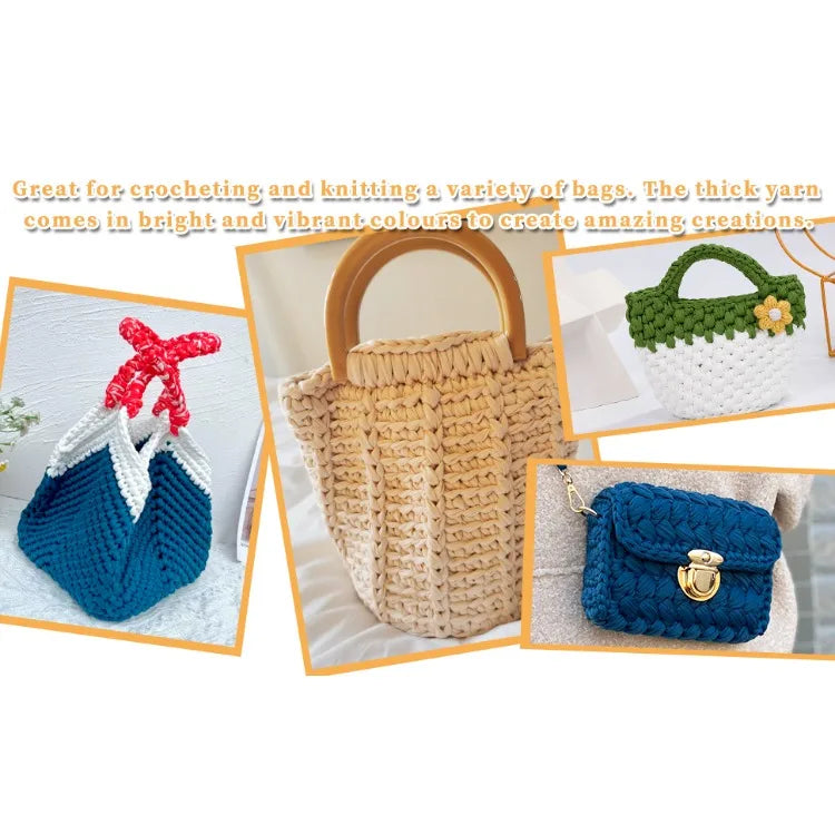 Various crocheted bags and accessories made from thick, bright colored yarn.