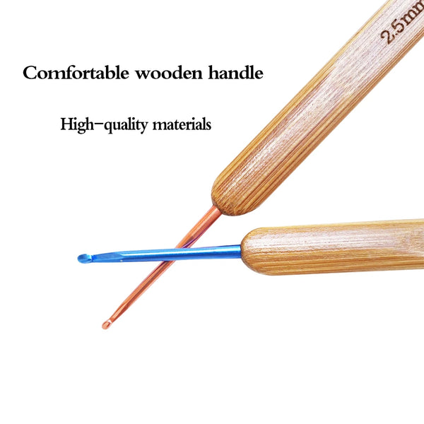 A close-up view of a bamboo knitting and crochet needle set with a wooden handle and metal tip.