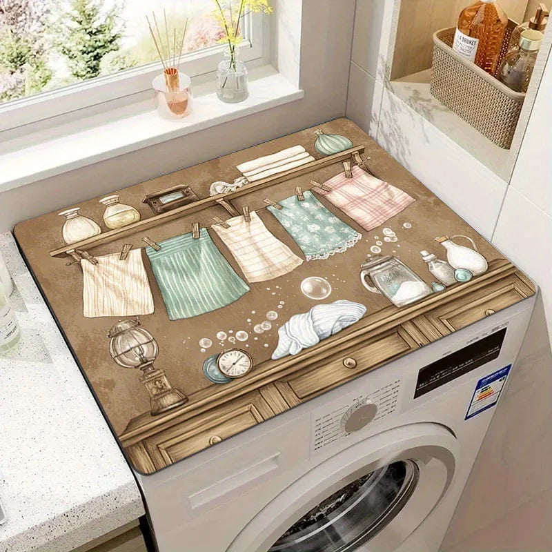 A vintage laundry appliance cover is displayed on a white washing machine, featuring decorative elements and a natural wood f