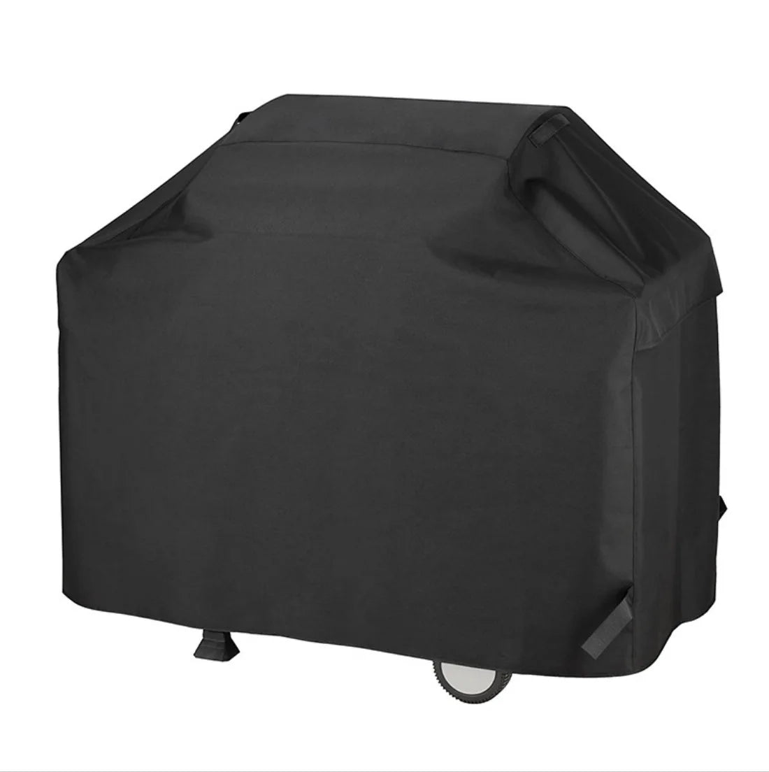 A black waterproof BBQ grill cover is shown from the side.