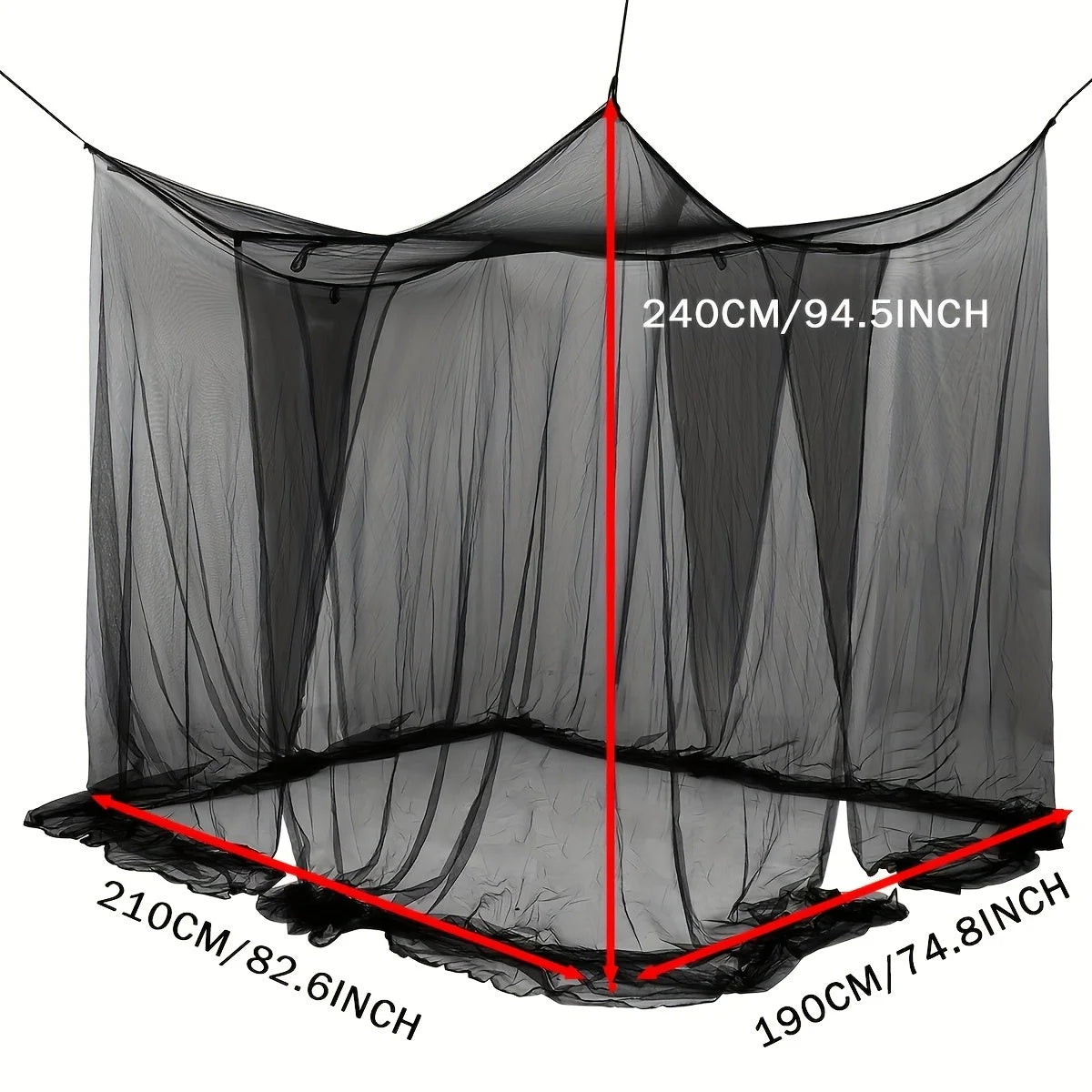 Black floor-to-ceiling mosquito net curtain shown with dimensions 240cm/94.5inch and a width of 190cm/74.8inch.