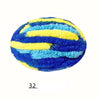 A round ball of blue and yellow fuzzy yarn with horizontal stripes.