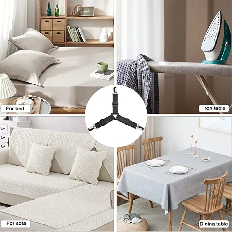 Various adjustable bed sheet grippers and clips shown for beds, sofas, and dining tables.