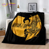 A black flannel throw blanket featuring a gold-colored graphic of a warrior in a dynamic pose.