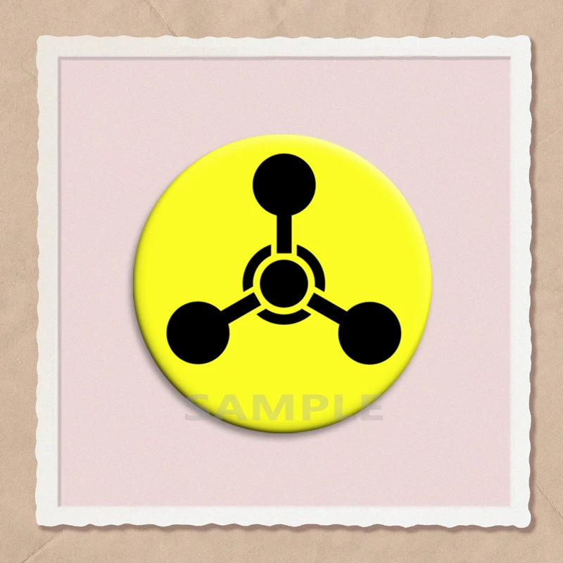 A yellow circular pin featuring a black molecular structure symbol on a light pink background.