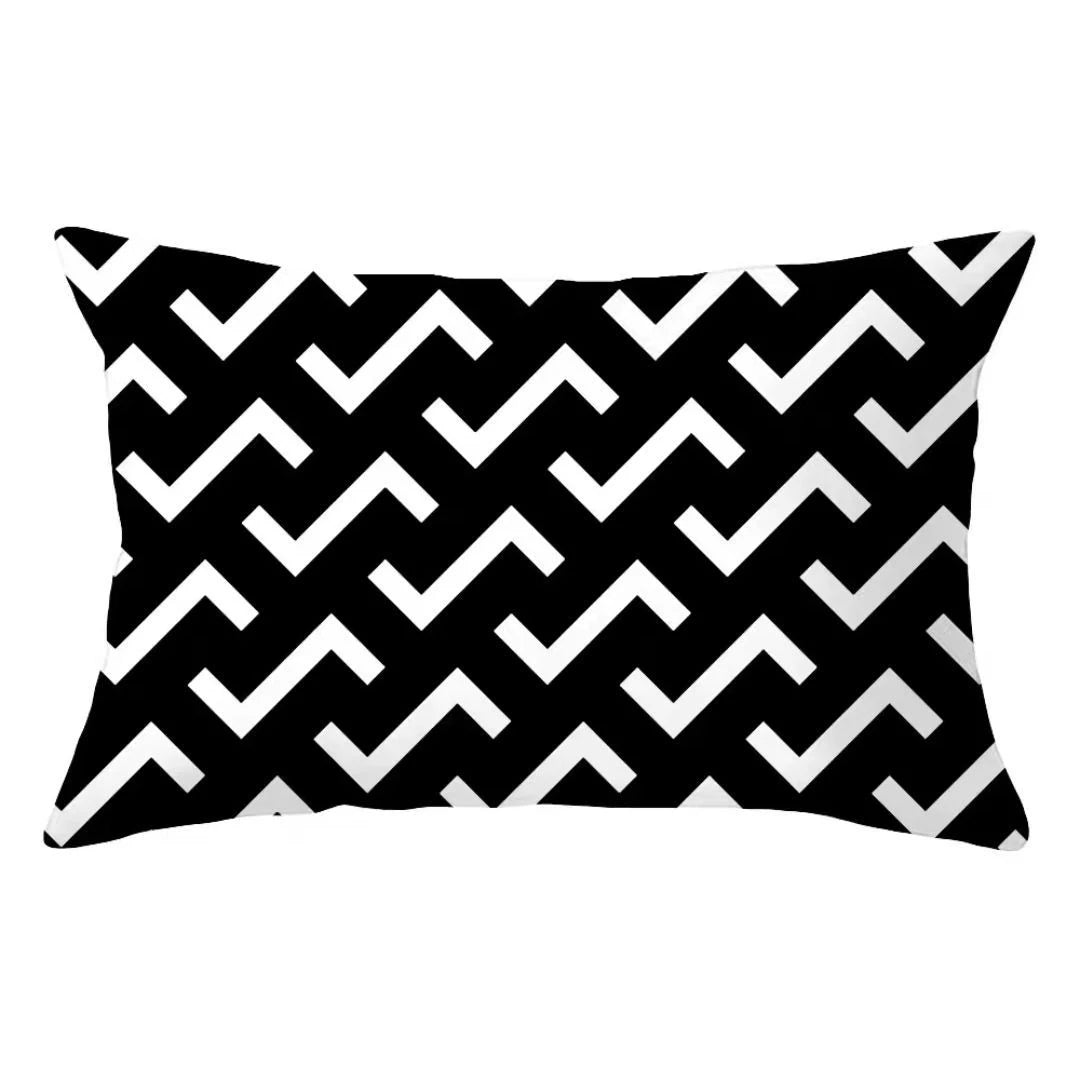 A black and white geometric patterned decorative pillow cover.