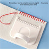 A white sewing guide template tool is shown on a piece of fabric with a red thread and needle for precise stitching.