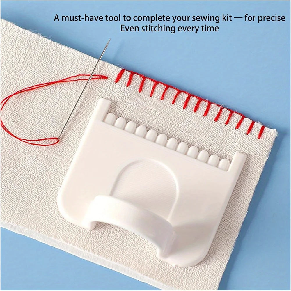 A white sewing guide template tool is shown on a piece of fabric with a red thread and needle for precise stitching.