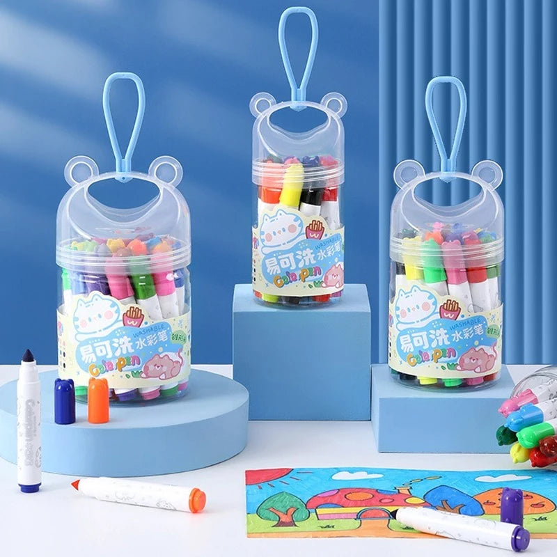 A set of washable art markers for kids in various colors displayed in clear containers on a white surface.