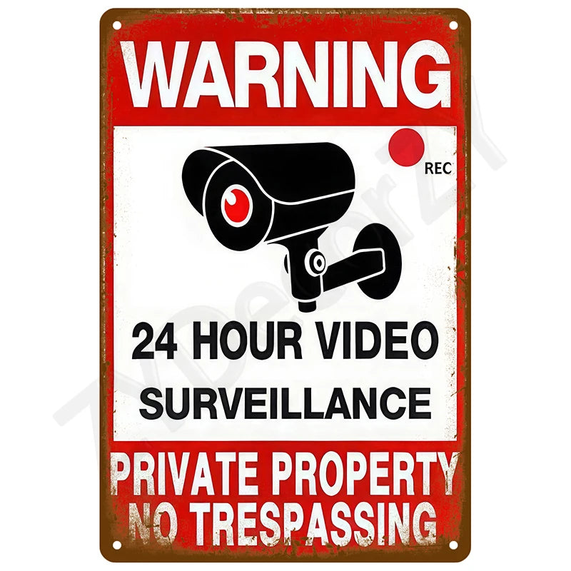 A vintage metal warning sign with red and white text indicating 24 hour video surveillance for private property no trespassin