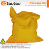 Yellow empty bean bag cover for poufs with warning text