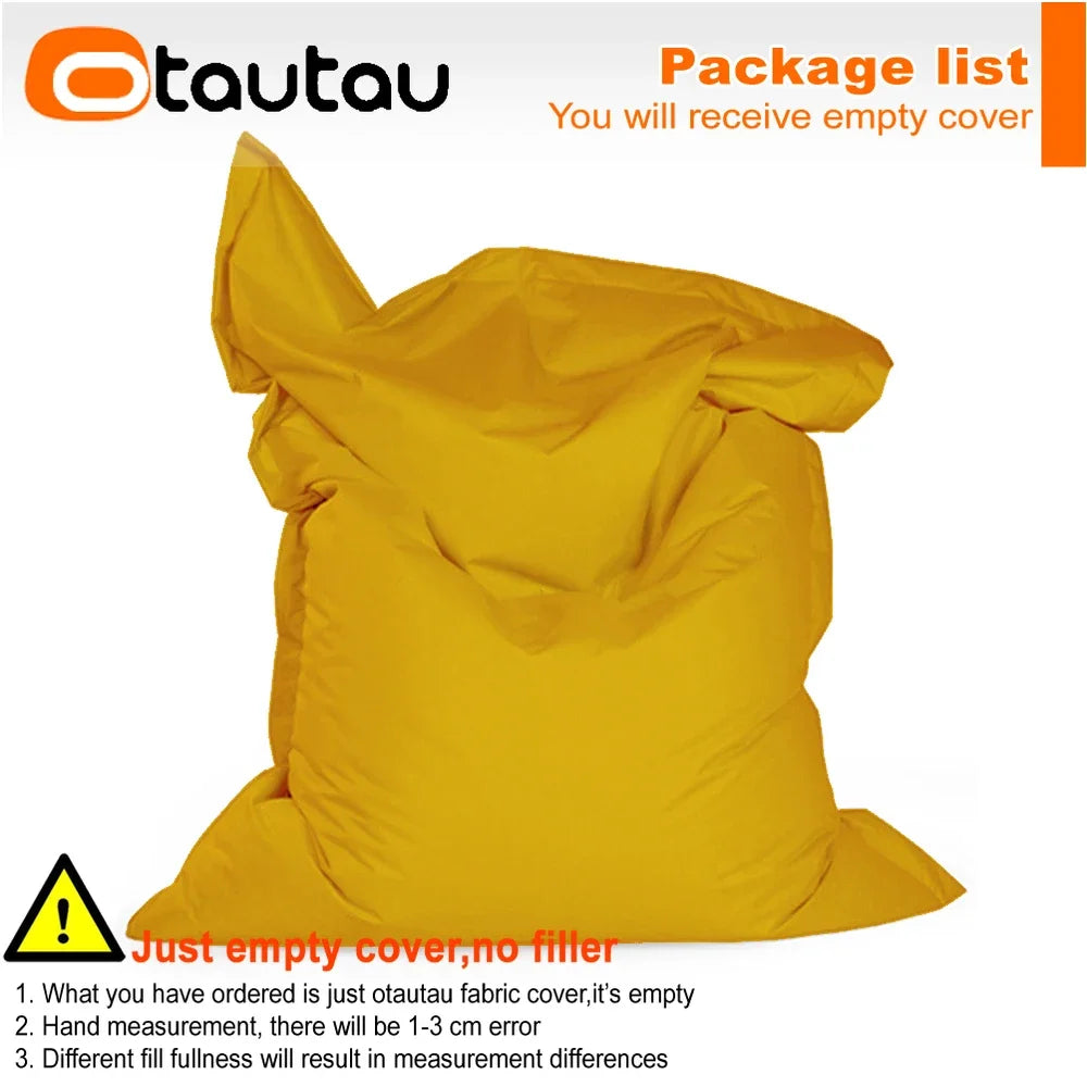 Yellow empty bean bag cover for poufs with warning text