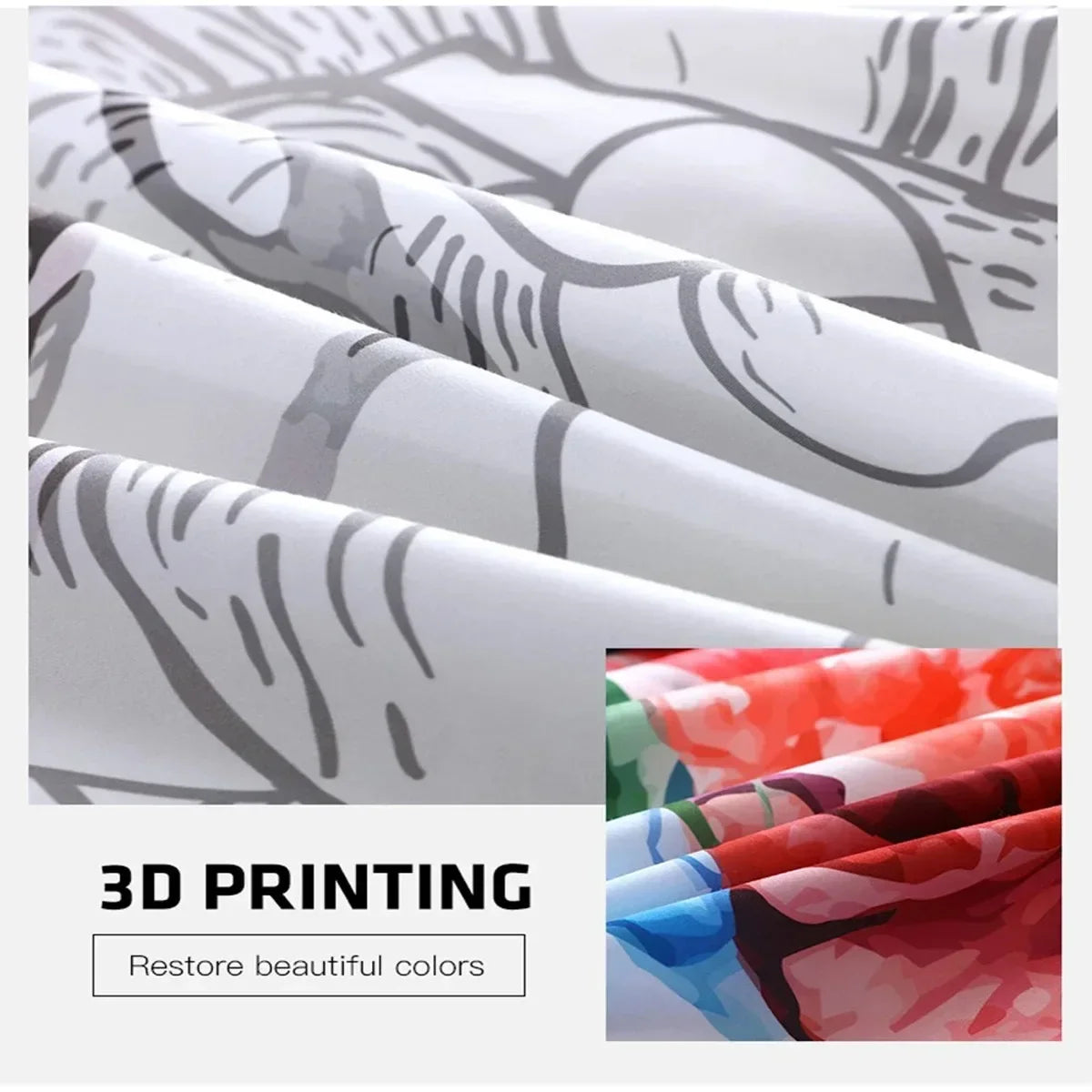 Rolls of white fabric with gray abstract stripes next to a swatch of red and blue floral fabric for 3D printing
