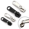 A set of silver and black universal zipper repair kits with replacement sliders shown in various angles.