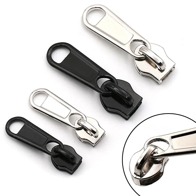 A set of silver and black universal zipper repair kits with replacement sliders shown in various angles.