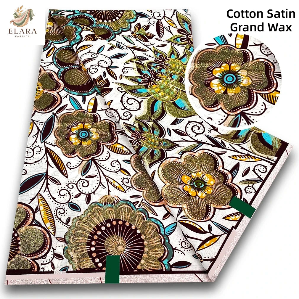 Cotton Satin Grand Wax fabric featuring intricate floral patterns in earthy tones