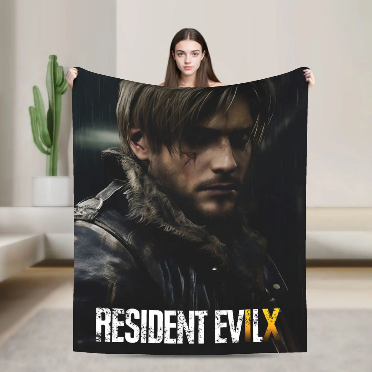 A dark graphic print featuring a male character in leather and fur, suitable for a cozy throw blanket.