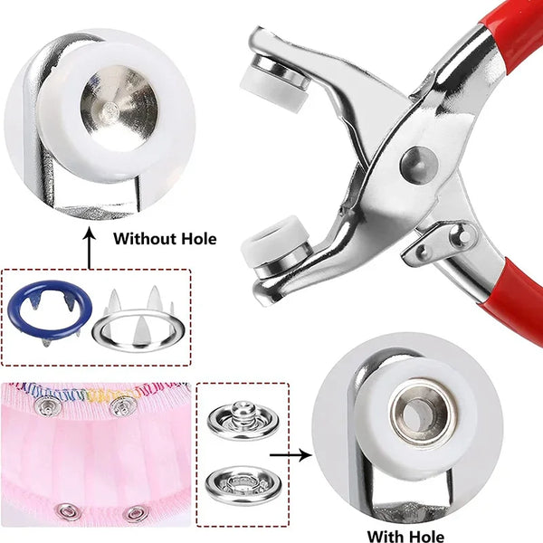 A set of metal snaps and fastener pliers shown with various components including a tool and finished products.