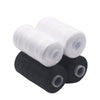 A set of black and white heavy duty polyester sewing thread spools rolled on a white background.