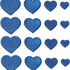 A collection of 24 iron-on love heart embroidered patches in various shades of blue.