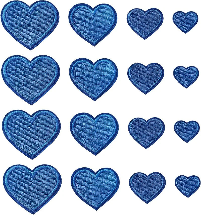 A collection of 24 iron-on love heart embroidered patches in various shades of blue.