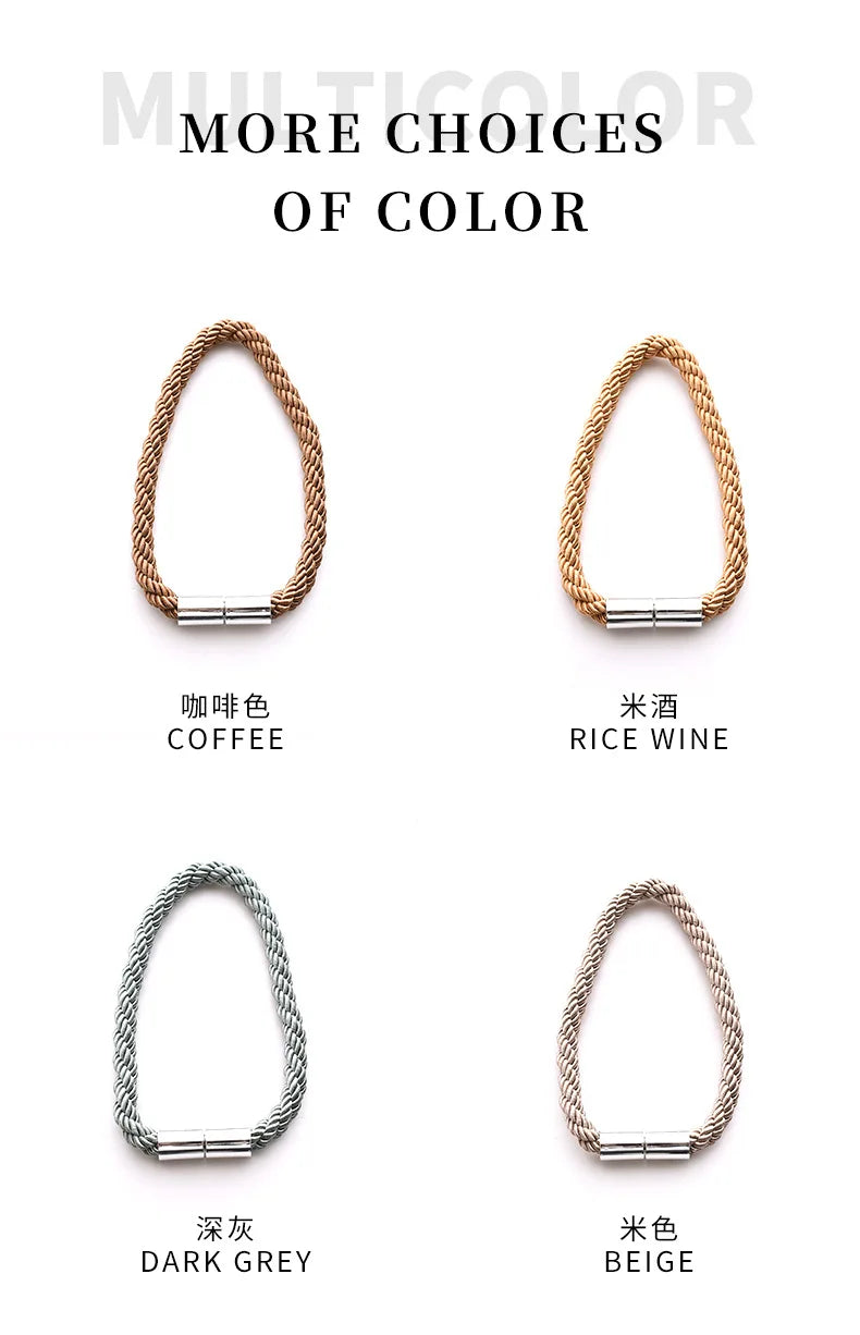 Four magnetic curtain tieback clips in various colors including coffee, rice wine, dark grey, and beige.