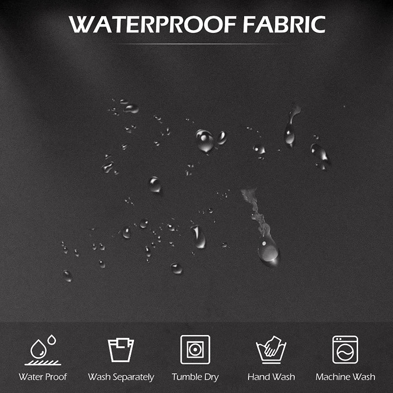 A dark background shows water droplets on a fabric, with icons indicating waterproof features like wash separately and machin