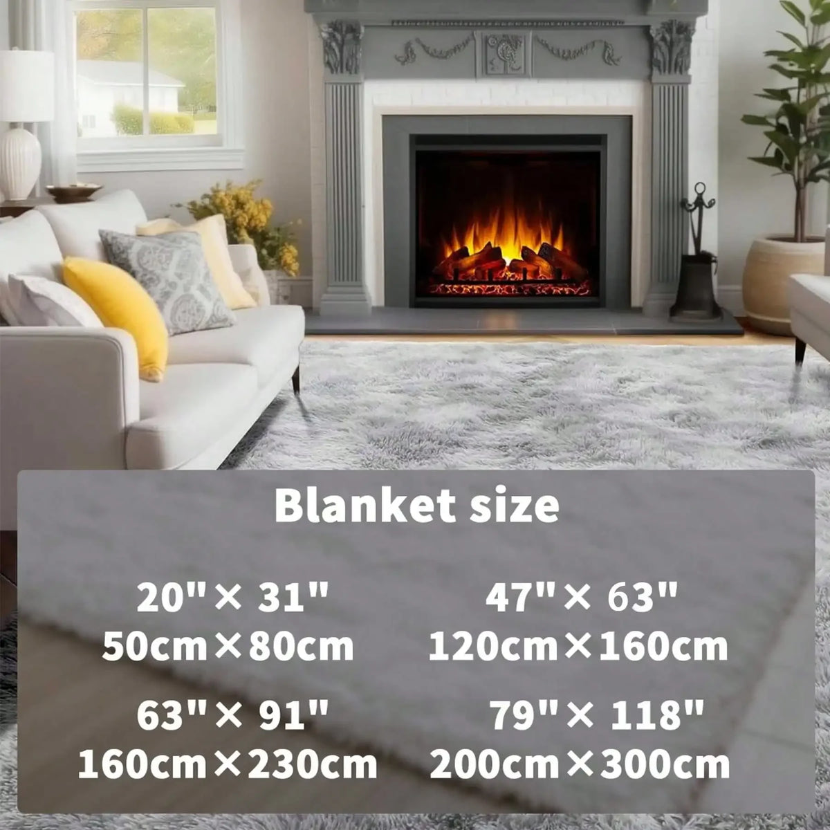 A plush long-pile area rug is displayed in a modern living room setting with a fireplace and light-colored furniture.