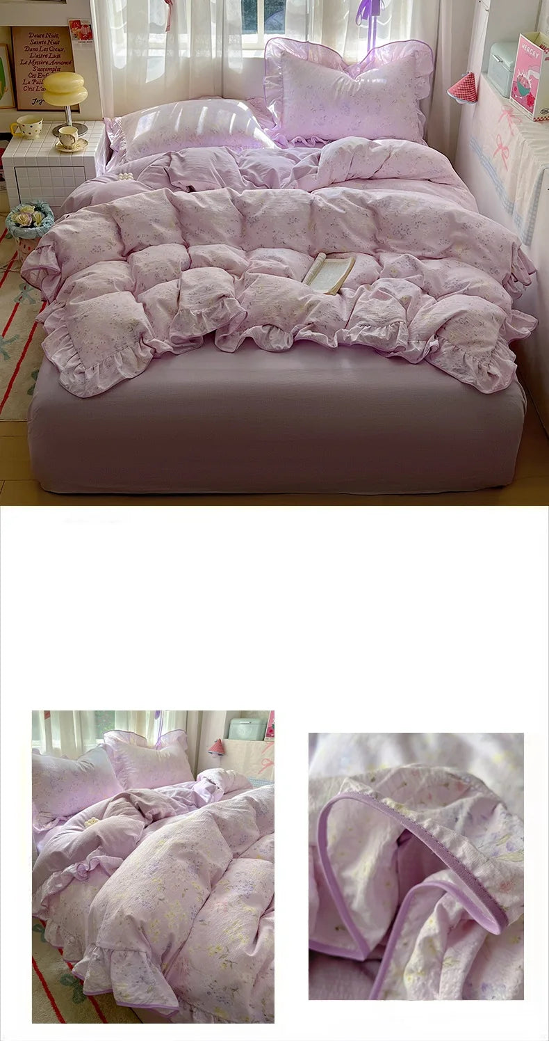 A pink floral bedding set featuring ruffled duvet covers and pillows.