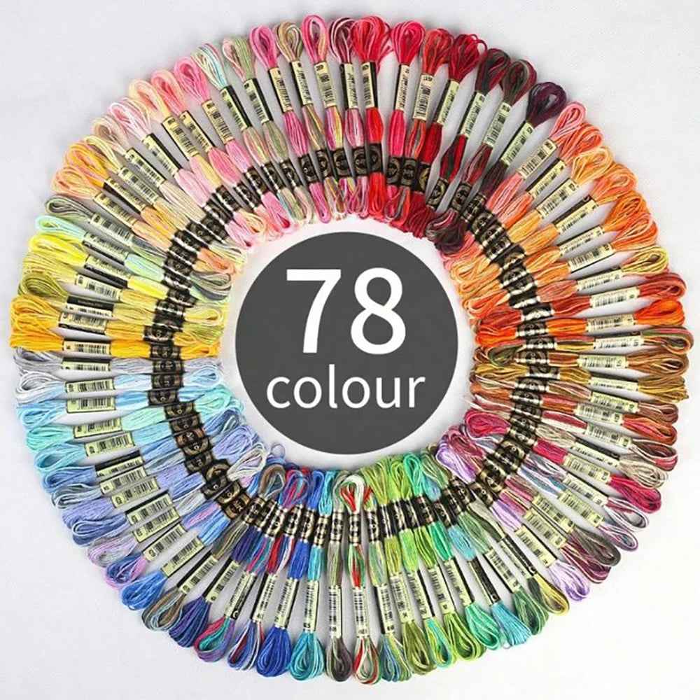 A circular display of 78 gradient cross stitch embroidery threads in various colors.